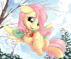 Size: 3000x2500 | Tagged: safe, artist:nobody47, fluttershy, pegasus, pony, g4, clothes, cute, female, floppy ears, flying, head tilt, high res, hnnng, looking at you, mare, open mouth, outdoors, scarf, shyabetes, smiling, snow, solo, spread wings, teddy bear, weapons-grade cute, wings, winter