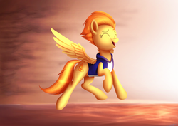 Size: 2829x2000 | Tagged: dead source, safe, artist:jeki, spitfire, pegasus, pony, g4, clothes, eyes closed, female, flying, high res, laughing, solo, updated, vest, water