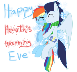 Size: 1600x1500 | Tagged: safe, artist:rai2n, rainbow dash, soarin', pony, g4, backwards cutie mark, blushing, cuddling, hearth's warming eve, hug, male, ship:soarindash, shipping, simple background, spooning, straight, transparent background