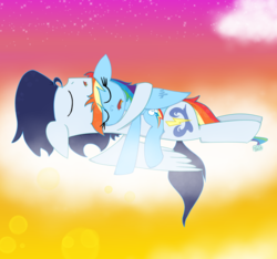 Size: 1600x1500 | Tagged: safe, artist:rai2n, rainbow dash, soarin', pony, g4, backwards cutie mark, cuddling, male, pony pillow, ship:soarindash, shipping, sleeping, snuggling, straight