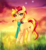 Size: 2300x2500 | Tagged: safe, artist:sugarberry, sunset shimmer, pony, unicorn, g4, clothes, cloud, cloudy, color porn, colored, commission, detailed, female, grass, high res, lidded eyes, looking at you, raised hoof, scarf, scenery, smiling, solo, stars, sunset, twilight (astronomy)