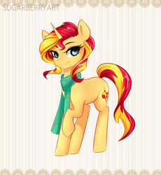Size: 2300x2500 | Tagged: safe, artist:sugarberry, sunset shimmer, pony, unicorn, g4, abstract background, clothes, colored, commission, female, high res, lidded eyes, looking at you, raised hoof, scarf, smiling, solo