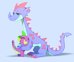 Size: 1175x990 | Tagged: safe, artist:imalou, spike, oc, dragon, g4, blue background, cute, dragoness, duo, eyes closed, female, hug, lidded eyes, looking down, male, mother and son, simple background, size difference, smiling, spikabetes, spike's mother, spikelove