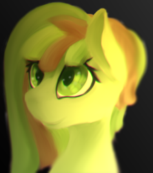 Size: 879x991 | Tagged: safe, artist:woons, oc, oc only, oc:green treat, pony, bust, chromatic aberration, colored pupils, gradient background, looking at something, portrait, smiling, solo