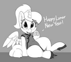 Size: 1280x1118 | Tagged: safe, artist:pabbley, princess luna, alicorn, semi-anthro, 30 minute art challenge, chinese new year, clothes, cute, female, frog (hoof), grayscale, lineart, looking at you, lunabetes, lunar new year, monochrome, s1 luna, simple background, solo, speech, underhoof