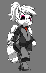 Size: 1204x1920 | Tagged: safe, artist:pabbley, rainbow dash, pony, g4, armor, bipedal, crossover, female, mind control, monochrome, partial color, resident evil, simple background, solo