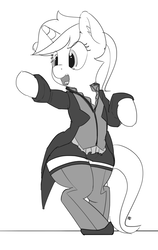 Size: 1212x1920 | Tagged: safe, artist:pabbley, minuette, pony, g4, bipedal, clothes, female, grayscale, monochrome, open mouth, simple background, socks, solo, stockings, thigh highs, white background