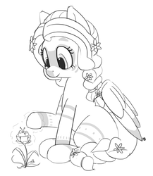 Size: 1280x1476 | Tagged: safe, artist:pabbley, fluttershy, pony, g4, alternate hairstyle, bodypaint, braid, braided tail, druid, female, flower, flutterdruid, grayscale, magic, missing cutie mark, monochrome, simple background, sitting, solo, white background