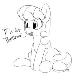 Size: 1280x1266 | Tagged: dead source, safe, artist:pabbley, cheerilee, earth pony, pony, g4, cheeribetes, cute, dialogue, female, monochrome, open mouth, peetzer, simple background, sitting, solo, white background