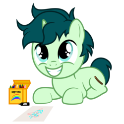 Size: 6667x6667 | Tagged: safe, artist:besttubahorse, oc, oc only, oc:spectral song, pony, unicorn, absurd resolution, crayon, cute, drawing, green eyes, male, ocbetes, simple background, smiling, solo, transparent background, vector