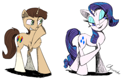 Size: 2000x1319 | Tagged: safe, artist:chopsticks, rarity, oc, oc:rubberneck, pony, unicorn, g4, color, cutie mark, female, male, mare, not shipping, simple background, stallion, stare