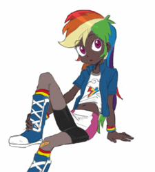 Size: 450x500 | Tagged: safe, artist:baekgup, color edit, edit, editor:rmzero, rainbow dash, equestria girls, g4, belly button, bike shorts, boots, clothes, colored, colored sketch, compression shorts, cute, dark skin, female, human coloration, midriff, pantyhose, shorts, simple background, skirt, skirt lift, socks, solo, white background