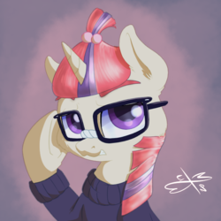 Size: 600x600 | Tagged: safe, artist:malwinters, moondancer, pony, g4, bust, clothes, female, glasses, portrait, solo
