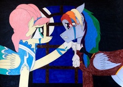 Size: 2497x1779 | Tagged: safe, artist:sonicfan1143, fluttershy, rainbow dash, the count of monte rainbow, g4, clothes, crossover, crying, edmond dantes, mercedes, rainbow dantes, shycedes, the count of monte cristo, traditional art, window