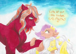Size: 816x589 | Tagged: safe, artist:frozensoulpony, big macintosh, fluttershy, oc, oc:gingersnap, earth pony, pony, g4, crying, father and daughter, female, floppy ears, fluttermom, grey hair, hug, male, mare, mother and daughter, offspring, older, parent:big macintosh, parent:fluttershy, parents:fluttermac, ship:fluttermac, shipping, straight, teary eyes, traditional art
