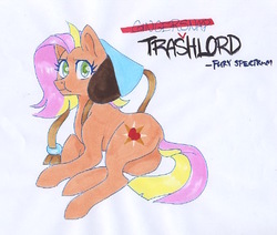 Size: 450x381 | Tagged: safe, artist:frozensoulpony, oc, oc only, oc:gingersnap, earth pony, pony, female, hat, mare, offspring, on side, parent:big macintosh, parent:fluttershy, parents:fluttermac, simple background, solo, traditional art, vandalism, white background