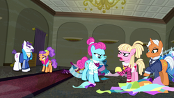 Size: 1920x1080 | Tagged: safe, screencap, bleeding heart, blue bobbin, mr. stripes, plaid stripes, starke kragen, pony, g4, my little pony: friendship is magic, the saddle row review, 1080p, argument