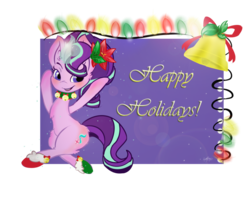 Size: 800x655 | Tagged: safe, artist:tractaresolidum, starlight glimmer, pony, g4, bell, chest fluff, clothes, ear fluff, female, flower, flower in hair, glowing horn, happy holidays, horn, lens flare, open mouth, smiling, socks, solo
