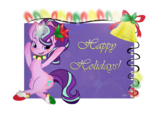 Size: 800x655 | Tagged: safe, artist:tractaresolidum, starlight glimmer, pony, g4, 2016, bell, chest fluff, clothes, ear fluff, female, flower, flower in hair, glowing horn, happy holidays, horn, lens flare, old art, open mouth, smiling, socks, solo