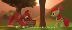 Size: 3840x1600 | Tagged: safe, artist:php34, apple bloom, big macintosh, earth pony, pony, g4, 3d, apple, food, male, source filmmaker, stallion