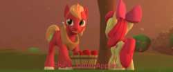 Size: 3840x1600 | Tagged: safe, artist:php34, apple bloom, big macintosh, earth pony, pony, g4, 3d, apple, food, male, source filmmaker, stallion