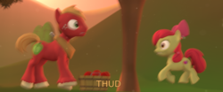 Size: 3840x1600 | Tagged: safe, artist:php34, apple bloom, big macintosh, earth pony, pony, g4, 3d, apple, food, male, oh crap, source filmmaker, stallion