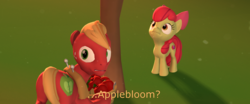 Size: 3840x1600 | Tagged: safe, artist:php34, apple bloom, applejack, big macintosh, earth pony, pony, g4, 3d, apple, food, male, scared, source filmmaker, stallion