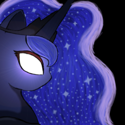 Size: 500x500 | Tagged: safe, artist:onyxpenstroke, derpibooru exclusive, princess luna, pony, g4, black background, bust, detailed, empty eyes, female, glowing eyes, lens flare, no catchlights, no pupils, photoshop, portrait, side view, simple background, solo, white eyes