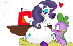 Size: 1280x800 | Tagged: safe, artist:bluedrg19, artist:cabrony, color edit, edit, rarity, spike, dragon, g4, blushing, both cutie marks, bottom heavy, butt, colored, dock, eyes on the prize, heart, large butt, looking at butt, male, plot, rearity, sewing machine, ship:sparity, shipping, sitting, straight, the ass was fat