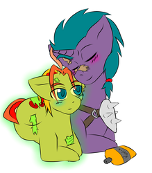 Size: 1436x1640 | Tagged: safe, artist:jolliapplegirl, oc, oc only, oc:slit throat, oc:starbeam, earth pony, ghoul, glowing one, pony, unicorn, fallout equestria, age difference, ambiguous gender, blushing, colored pupils, couple, eyes closed, fallout equestria oc, lying down, rad-x, raider, scar, size difference