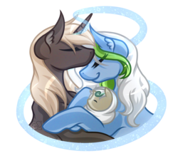 Size: 3477x3047 | Tagged: dead source, safe, artist:amazing-artsong, oc, oc only, oc:cosmic shores, oc:dream contour, oc:petal dancer, earth pony, pony, unicorn, baby, baby pony, eyes closed, family, female, high res, magic, male, mare, oc x oc, shipping, simple background, stallion, transparent background