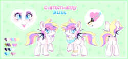 Size: 1599x738 | Tagged: safe, artist:pvrii, oc, oc only, oc:confectionery bliss, bat pony, pony, butt, chest fluff, colored pupils, dock, ear fluff, ear piercing, featureless crotch, female, freckles, mare, piercing, plot, raised hoof, reference sheet, solo, tongue out, tongue piercing