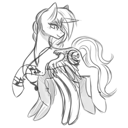 Size: 2000x2000 | Tagged: safe, artist:kurochhi, oc, oc only, oc:moondrop melody, alicorn, pony, female, flying, high res, mare, monochrome, sketch, solo