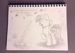Size: 1100x783 | Tagged: safe, artist:fuzon-s, twilight sparkle, alicorn, pony, g4, the saddle row review, andy price style, broom, eyes closed, female, finding nemo, magic, mare, monochrome, music notes, open mouth, pencil drawing, raised hoof, reference, singing, sketch, solo, style emulation, sweeping, sweepsweepsweep, telekinesis, traditional art, twilight sparkle (alicorn), twilight sweeple