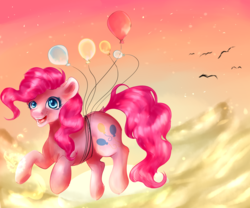Size: 3000x2500 | Tagged: safe, artist:sugarhoovies, pinkie pie, bird, g4, balloon, cloud, colored pupils, female, floating, high res, smiling, solo, then watch her balloons lift her up to the sky