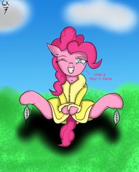 Size: 2500x3100 | Tagged: dead source, safe, artist:bloom-and-fruit, pinkie pie, spirit of hearth's warming presents, pony, g4, colored pupils, crying, feather, female, high res, hoof tickling, one eye closed, outdoors, shadow, single tear, solo, tickle torture, tickling
