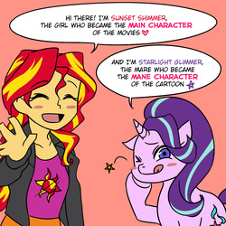 Size: 1000x1000 | Tagged: safe, artist:raika0306, starlight glimmer, sunset shimmer, pony, unicorn, equestria girls, g4, blush sticker, blushing, counterparts, dialogue, drama, duo, eyes closed, heart, looking at you, one eye closed, open mouth, red background, simple background, smiling, starlight drama, sunset vs starlight debate, tongue out, twilight's counterparts, waving, wink