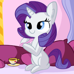 Size: 1080x1080 | Tagged: safe, artist:tjpones, rarity, pony, g4, animated, chest fluff, cute, female, food, gif, missing cutie mark, nail file, pillow, rarara, raribetes, sitting, smiling, solo, tea, teacup