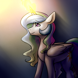 Size: 750x750 | Tagged: safe, artist:cosmalumi, princess celestia, alicorn, pony, g4, glowing horn, horn, magic, smiling, solo