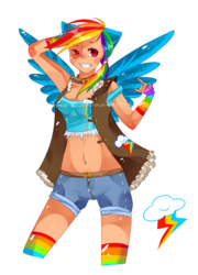 Size: 1004x1394 | Tagged: safe, artist:namjoons-dimples, rainbow dash, human, g4, belly button, belly piercing, bellyring, bomber jacket, clothes, devil horn (gesture), eared humanization, female, fingerless gloves, gloves, humanized, midriff, piercing, rainbow socks, shorts, simple background, socks, solo, striped socks, tank top, transparent background, watermark, winged humanization, wings