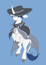 Size: 1024x1427 | Tagged: safe, artist:ethaes, oc, oc only, oc:vesper iris, classical unicorn, pony, unicorn, them's fightin' herds, amulet, blue hair, cloak, clothes, cloven hooves, community related, cowl, curved horn, hat, horn, leonine tail, scarf, simple background, solo, tfh oc, unshorn fetlocks