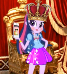 Size: 491x541 | Tagged: safe, artist:mrdeloop, fluttershy, twilight sparkle, equestria girls, g4, alternate universe, crown, day of the flutter, eqg promo pose set, equestria girls: the parody series, fashion disaster, iphone, jewelry, lipstick, makeup, queen, regalia, sunglasses, throne, twoiloight spahkle