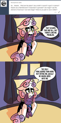 Size: 576x1152 | Tagged: safe, artist:pembroke, sweetie belle, gengar, pony, unicorn, ask meanie belle, comic:when aero met glitter, g4, ask, bowtie, canon x oc, clothes, comic, crush, female, goth, horn, horn piercing, in love, jacket, leather jacket, meanie belle, nose piercing, nose ring, piercing, plushie, pokémon, sad, shipping, solo, speech bubble, tumblr