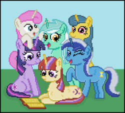 Size: 471x426 | Tagged: safe, artist:8-bitbrony, lemon hearts, lyra heartstrings, minuette, moondancer, twilight sparkle, twinkleshine, pony, unicorn, g4, alternate mane six, book, canterlot six, mane six opening poses, pixel art, prone, raised hoof, reading, sitting