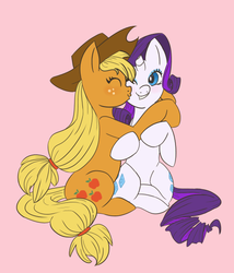 Size: 500x584 | Tagged: safe, artist:rarijack-countrycouture, applejack, rarity, g4, cheek kiss, eyes closed, female, hug, kissing, lesbian, one eye closed, ship:rarijack, shipping