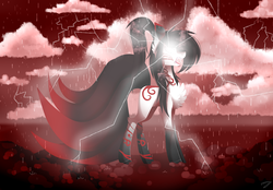 Size: 3600x2500 | Tagged: safe, artist:huirou, oc, oc only, kitsune, pony, chest fluff, female, glowing eyes, high res, lightning, mare, ponified, rain, solo
