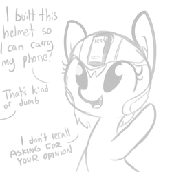 Size: 1080x1080 | Tagged: safe, artist:tjpones, oc, oc only, earth pony, pony, dialogue, grayscale, helmet, monochrome, offscreen character, phone, simple background, solo, white background