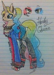Size: 600x842 | Tagged: safe, artist:anxiouslilnerd, pony, unicorn, boots, bracelet, clothes, collar, dc comics, ear piercing, earring, fishnet stockings, gloves, green eyes, harley quinn, jacket, jewelry, lined paper, makeup, piercing, ponified, shorts, spiked wristband, suicide squad, traditional art