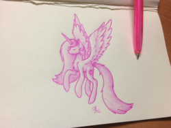 Size: 3064x2298 | Tagged: safe, artist:starlessnight22, princess celestia, pony, g4, eyes closed, female, flying, high res, monochrome, pen drawing, simple background, solo, traditional art