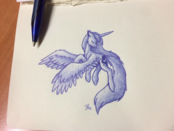 Size: 3156x2373 | Tagged: safe, artist:starlessnight22, princess luna, pony, g4, eyes closed, female, flying, high res, monochrome, pen drawing, simple background, solo, traditional art